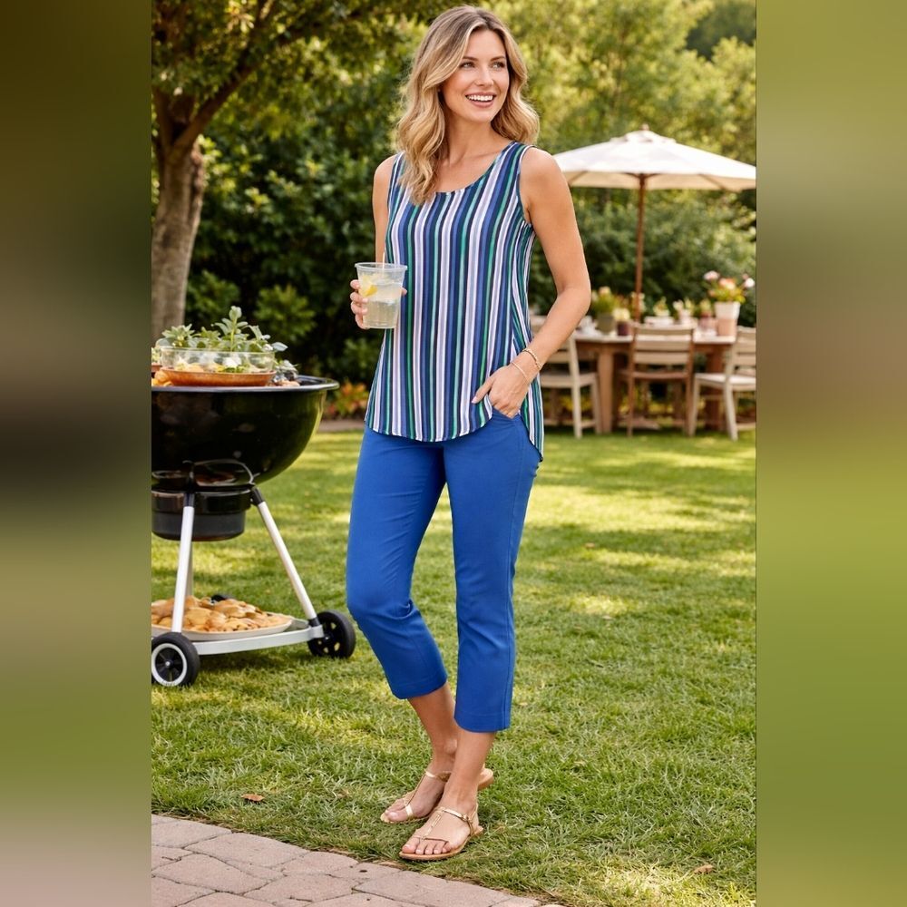LOFT Blue, Green, Black, & White Stripe Sleeveless Chiffon Blouse Size Small
